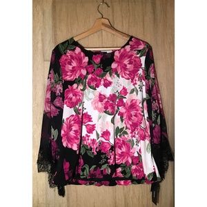 Floral Top – Plus Size – Lace-Trim Kimono-Sleeves